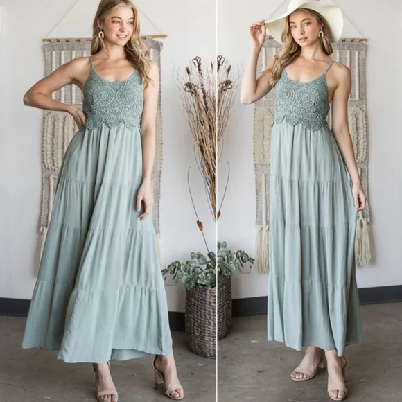 Dresses | Last One Gorgeous Sage Green Long Maxi Dress W Crochet Lace And  Smocked Detail | Poshmark